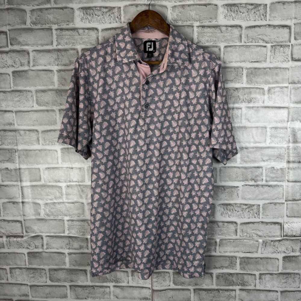 FootJoy Mens Pink Leaf Print Performance Golf Polo Shirt Grey Small Short Sleeve
